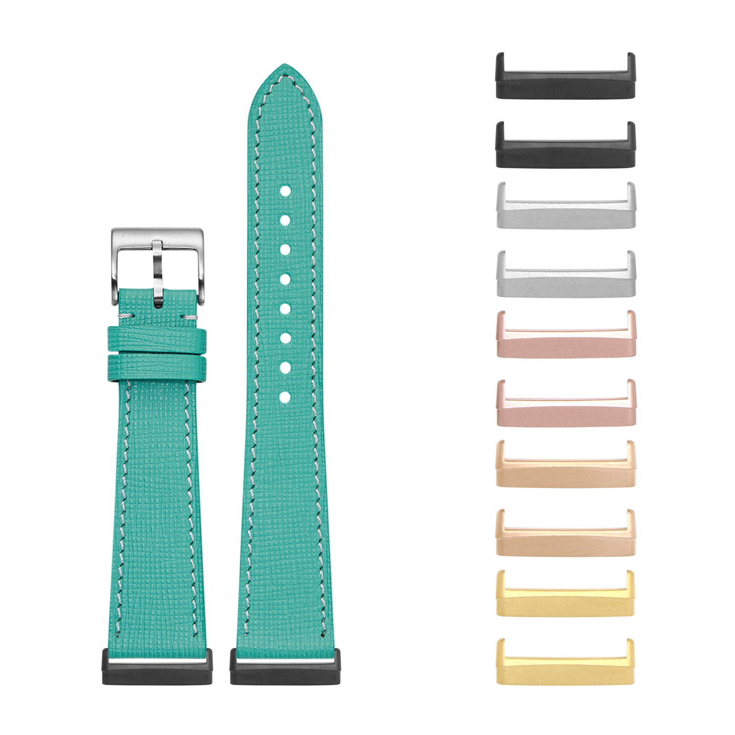 [Fitbit Versa 3 & 4/Sense 1 & 2] Chevre Saffiano Leather - Tiffany Blue with White Stitching